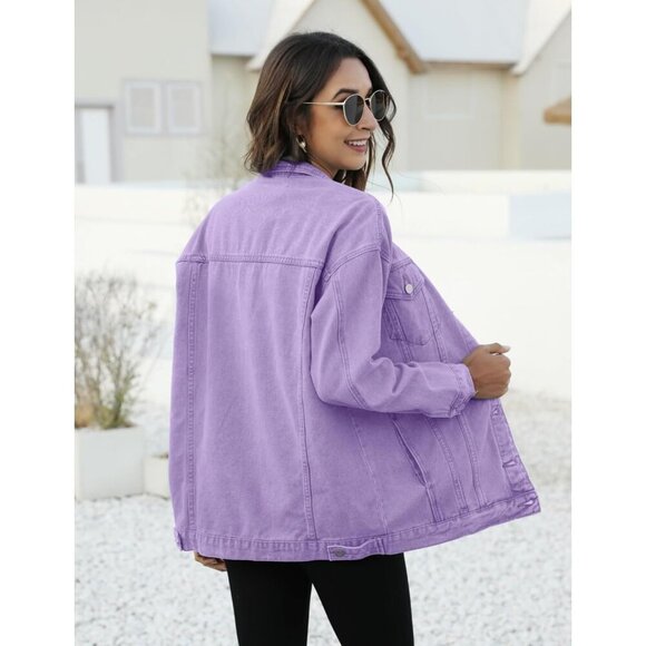 Women's Oversized Mid Long Denim Jacket Jean Biker Coat Long Sleeves Purple - Picture 5 of 7